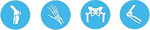Vier blaue Icons mit Darstellungen von Knochen und Gelenken
