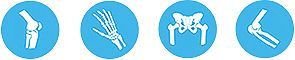 Vier blaue Icons mit Darstellungen von Knochen und Gelenken